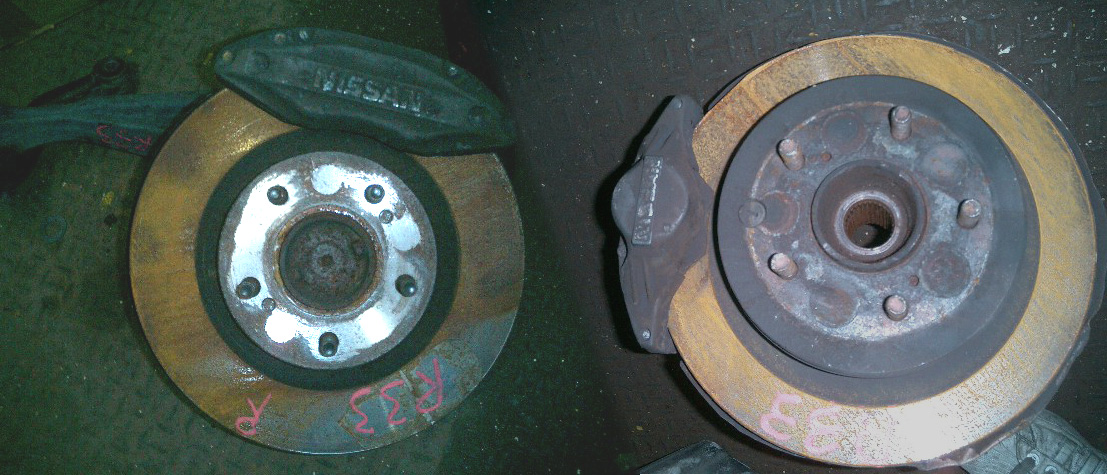 BA160004 - JDM Nissan R33 Skyline front and rear brakes with 5 lug complete set, 4 pot front and 2 pot rear brakes.